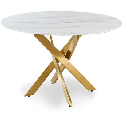 MENZZO Table Ronde Corix Verre Effet Marbre Blanc Et Pieds Or - Publicité MENZZO Table Ronde Corix Verre Effet Marbre Blanc Et Pieds Or - Publicité