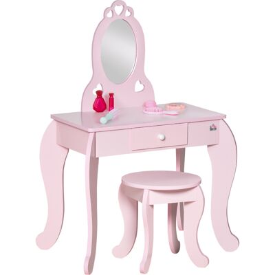 ARRIGONI Coiffeuse Enfant Design Girly Avec Motifs À Coeur - Tabouret Inclus - Dim. 60l X 36l X 88h Cm - Tiroir, Miroir - Mdf - Rose - Publicité ARRIGONI Coiffeuse Enfant Design Girly Avec Motifs À Coeur - Tabouret Inclus - Dim. 60l X 36l X 88h Cm - Tiroir, Miroir - Mdf - Rose - Publicité