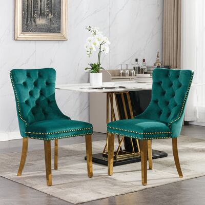 DREAMMESPACE Lot De 2 Chaises De Salle À Manger - Pieds En Acier Inoxydable Doré - Garniture Cloutée - 65x50x95cm - Velours Vert - Publicité DREAMMESPACE Lot De 2 Chaises De Salle À Manger - Pieds En Acier Inoxydable Doré - Garniture Cloutée - 65x50x95cm - Velours Vert - Publicité