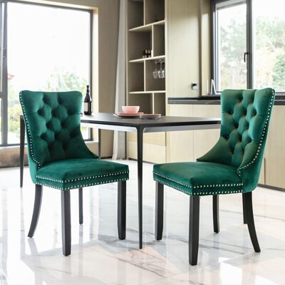 DREAMMESPACE Lot De 2 Chaises De Salle À Manger - 65x50x95cm - Pied En Bois Massif Et Garniture Cloutée - Velours Vert - Publicité DREAMMESPACE Lot De 2 Chaises De Salle À Manger - 65x50x95cm - Pied En Bois Massif Et Garniture Cloutée - Velours Vert - Publicité