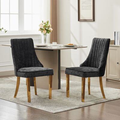 DREAMMESPACE Lot De 2 Chaises De Salle À Manger - 65x50x95cm - Style Channel - Pieds En Acier Inoxydable Doré - En Chenille - Noir - Publicité DREAMMESPACE Lot De 2 Chaises De Salle À Manger - 65x50x95cm - Style Channel - Pieds En Acier Inoxydable Doré - En Chenille - Noir - Publicité