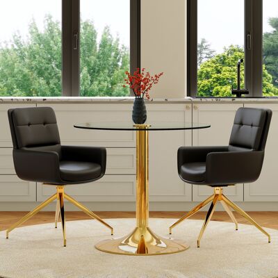 ARRIGONI Ensemble Table Et Chaises: Table Ronde En Verre Trempé Léger Et Luxueux De 85 Cm De Diamètre, Avec Structure De Support Métallique, Assortie À 2 Chaises De Salle À Manger Pivotantes À 360° En Pu Noir - Publicité ARRIGONI Ensemble Table Et Chaises: Table Ronde En Verre Trempé Léger Et Luxueux De 85 Cm De Diamètre, Avec Structure De Support Métallique, Assortie À 2 Chaises De Salle À Manger Pivotantes À 360° En Pu Noir - Publicité