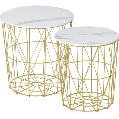 ARRIGONI Lot De 2 Tables Basses Gigognes - Tables D'Appoint Rondes Encastrables Style Néo-rétro Bicolore Structure Métal Doré Plateau Mdf Aspect Marbre Blanc - Publicité ARRIGONI Lot De 2 Tables Basses Gigognes - Tables D'Appoint Rondes Encastrables Style Néo-rétro Bicolore Structure Métal Doré Plateau Mdf Aspect Marbre Blanc - Publicité