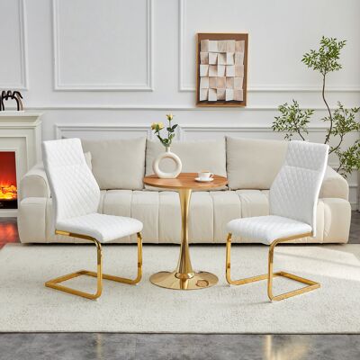 ACKERMAN Lot Table Et Chaises. Table Ronde 60 Cm En Mdf Avec Effet Bois, Pied De Support Doré, Combiné Avec 2 Chaises De Salle À Manger Blanches Avec Design À Losange Et Structure En Métal Doré. Publicité ACKERMAN Lot Table Et Chaises. Table Ronde 60 Cm En Mdf Avec Effet Bois, Pied De Support Doré, Combiné Avec 2 Chaises De Salle À Manger Blanches Avec Design À Losange Et Structure En Métal Doré. Publicité