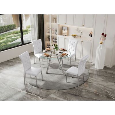 ARRIGONI Ensemble De Salle À Manger Avec Table Ronde En Bois Extensible Et 6 Chaises De Salle À Manger Blanches, Ensemble De Cuisine Gain De Place En Similicuir Avec Capitonnage À Boutons Et Pieds En Métal Pou - Publicité ARRIGONI Ensemble De Salle À Manger Avec Table Ronde En Bois Extensible Et 6 Chaises De Salle À Manger Blanches, Ensemble De Cuisine Gain De Place En Similicuir Avec Capitonnage À Boutons Et Pieds En Métal Pou - Publicité