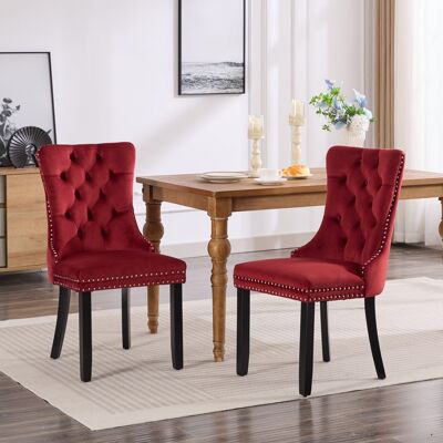 DREAMMESPACE Lot De 2 Chaises De Salle À Manger - 65x50x95cm - Pied En Bois Massif Et Garniture Cloutée - Velours Rouge Vin - Publicité DREAMMESPACE Lot De 2 Chaises De Salle À Manger - 65x50x95cm - Pied En Bois Massif Et Garniture Cloutée - Velours Rouge Vin - Publicité