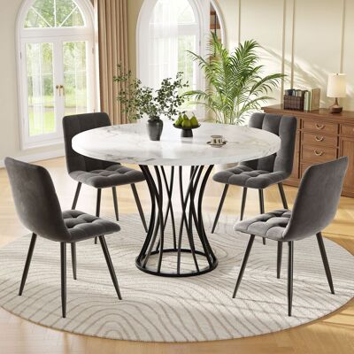 ACKERMAN Ensemble Salle À Manger 5 Pièces, Table Ronde 80cm, Pieds Noirs, Plateau Marbre Blanc, 4 Chaises Velours Gris, Style Moderne - Publicité ACKERMAN Ensemble Salle À Manger 5 Pièces, Table Ronde 80cm, Pieds Noirs, Plateau Marbre Blanc, 4 Chaises Velours Gris, Style Moderne - Publicité