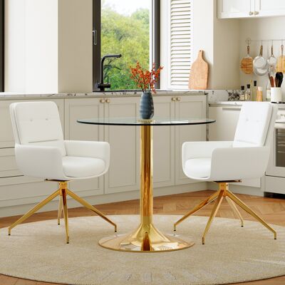 ARRIGONI Ensemble Table Et Chaises: Table Ronde En Verre Trempé Légèrement Luxueuse De 85 Cm De Diamètre Avec Structure De Support Métallique, Assortie À 2 Chaises De Salle À Manger En Pu Blanches Et Dorées Pi - Publicité ARRIGONI Ensemble Table Et Chaises: Table Ronde En Verre Trempé Légèrement Luxueuse De 85 Cm De Diamètre Avec Structure De Support Métallique, Assortie À 2 Chaises De Salle À Manger En Pu Blanches Et Dorées Pi - Publicité