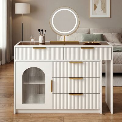 LEMONBEST Table De Maquillage Blanche Extensible Avec Miroir Led, Plateau En Verre, Façade Rainurée, Coiffeuse Moderne 90-160 Cm - Publicité LEMONBEST Table De Maquillage Blanche Extensible Avec Miroir Led, Plateau En Verre, Façade Rainurée, Coiffeuse Moderne 90-160 Cm - Publicité