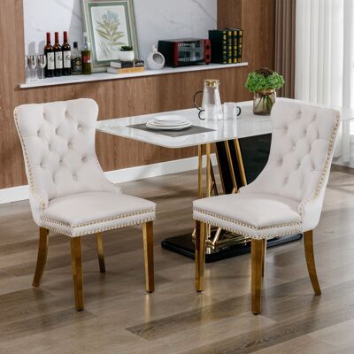DREAMMESPACE Lot De 2 Chaises De Salle À Manger - Pieds En Acier Inoxydable Doré - Garniture Cloutée - 65x50x95cm - Velours Beige - Publicité DREAMMESPACE Lot De 2 Chaises De Salle À Manger - Pieds En Acier Inoxydable Doré - Garniture Cloutée - 65x50x95cm - Velours Beige - Publicité