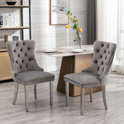 DREAMMESPACE Lot De 2 Chaises De Salle À Manger - Pieds En Acier Inoxydable Chromé - Garniture Cloutée - 65x50x95cm - Velours Gris - Publicité DREAMMESPACE Lot De 2 Chaises De Salle À Manger - Pieds En Acier Inoxydable Chromé - Garniture Cloutée - 65x50x95cm - Velours Gris - Publicité