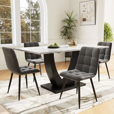 ACKERMAN Ensemble Salle À Manger 5 Pièces, Table En U, Pieds Noirs, Plateau Marbre Blanc, 4 Chaises Velours Gris, Style Moderne - Publicité ACKERMAN Ensemble Salle À Manger 5 Pièces, Table En U, Pieds Noirs, Plateau Marbre Blanc, 4 Chaises Velours Gris, Style Moderne - Publicité