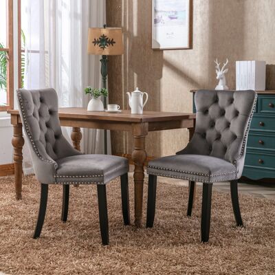 DREAMMESPACE Lot De 2 Chaises De Salle À Manger - 65x50x95cm - Pied En Bois Massif Et Garniture Cloutée - Velours Gris - Publicité DREAMMESPACE Lot De 2 Chaises De Salle À Manger - 65x50x95cm - Pied En Bois Massif Et Garniture Cloutée - Velours Gris - Publicité