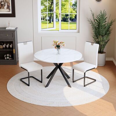 ARRIGONI Ensemble De Salle À Manger Avec Table Ronde Effet Marbre & 2 Chaises De Salle À Manger Blanches, Ensemble De Cuisine Moderne En Similicuir & Structure Métallique Cantilever Pour Salle À Manger & Cuisi - Publicité ARRIGONI Ensemble De Salle À Manger Avec Table Ronde Effet Marbre & 2 Chaises De Salle À Manger Blanches, Ensemble De Cuisine Moderne En Similicuir & Structure Métallique Cantilever Pour Salle À Manger & Cuisi - Publicité