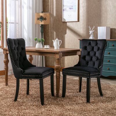 DREAMMESPACE Lot De 2 Chaises De Salle À Manger - 65x50x95cm - Pied En Bois Massif Et Garniture Cloutée - Velours Noir - Publicité DREAMMESPACE Lot De 2 Chaises De Salle À Manger - 65x50x95cm - Pied En Bois Massif Et Garniture Cloutée - Velours Noir - Publicité