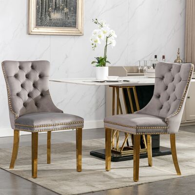 DREAMMESPACE Lot De 2 Chaises De Salle À Manger - Pieds En Acier Inoxydable Doré - Garniture Cloutée - 65x50x95cm - Velours Gris - Publicité DREAMMESPACE Lot De 2 Chaises De Salle À Manger - Pieds En Acier Inoxydable Doré - Garniture Cloutée - 65x50x95cm - Velours Gris - Publicité