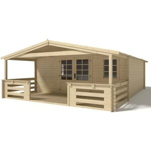 ALTANKA Abri de jardin en bois - 5x5 m - 35 m2 + terrasse avec balustrade et avant-toit en bois - Naturel - Publicité