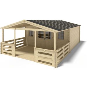 ALTANKA Abri de jardin en bois - 5x5 m - 40 m2 + terrasse avec balustrade et avant-toit en bois - Naturel - Publicité