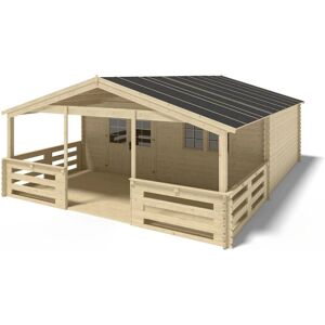 ALTANKA Abri de jardin en bois - 6x5 m - 48 m2 + terrasse avec balustrade et avant-toit en bois - Naturel - Publicité