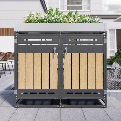 ACKERMAN Armoire De Rangement Pour Poubelles Avec Bac À Fleurs, Panneaux Verticaux Imitation Bois, Perforations D'Aération, Armoire De Jardin En Fer Avec Serrure - Publicité ACKERMAN Armoire De Rangement Pour Poubelles Avec Bac À Fleurs, Panneaux Verticaux Imitation Bois, Perforations D'Aération, Armoire De Jardin En Fer Avec Serrure - Publicité