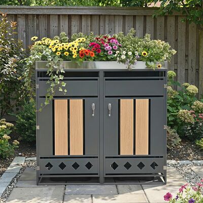 ACKERMAN Meuble De Rangement Pour Poubelles, Verrouillable, Deux Portes, Espace De Plantation, Panneau De Porte En Bois À Grain Vertical, Fond Creux En Forme De Losange - Publicité ACKERMAN Meuble De Rangement Pour Poubelles, Verrouillable, Deux Portes, Espace De Plantation, Panneau De Porte En Bois À Grain Vertical, Fond Creux En Forme De Losange - Publicité