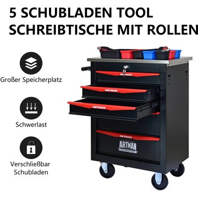 ALLAUVE Chariot De Rangement Métallique 5 Tiroirs Avec Roues, Noir Et Rouge, Pour Atelier Garage Entrepôt Réparation, Plateau Inox Inclus - Publicité ALLAUVE Chariot De Rangement Métallique 5 Tiroirs Avec Roues, Noir Et Rouge, Pour Atelier Garage Entrepôt Réparation, Plateau Inox Inclus - Publicité