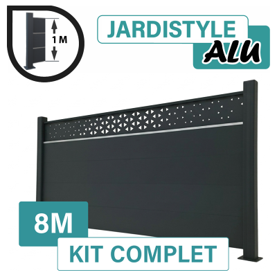 CLOTURE & JARDIN Kit Clôture Aluminium Gris Anthracite 8m - Design Ibiza Avec Liseré - Sur Platines - 1 Mètre - Publicité CLOTURE & JARDIN Kit Clôture Aluminium Gris Anthracite 8m - Design Ibiza Avec Liseré - Sur Platines - 1 Mètre - Publicité