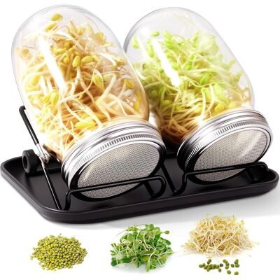 GRASSLIN 2 Bocal De Germination, 1000ml, Couvercle Grille Inox, Support Réglable, Plateau Noir, Cuisine - Publicité GRASSLIN 2 Bocal De Germination, 1000ml, Couvercle Grille Inox, Support Réglable, Plateau Noir, Cuisine - Publicité