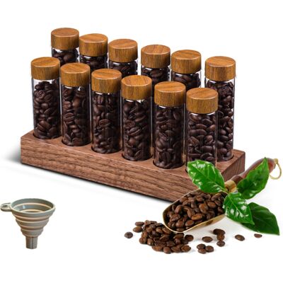 OEM Lot De 12 Tubes De Conservation Pour Grains De Café À Dose Unique, En Verre Borosilicate, Avec Couvercles, Présentoir En Bois Et Entonnoir Pour Comptoir. Publicité OEM Lot De 12 Tubes De Conservation Pour Grains De Café À Dose Unique, En Verre Borosilicate, Avec Couvercles, Présentoir En Bois Et Entonnoir Pour Comptoir. Publicité