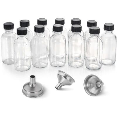 Lot De 12 Petits Flacons En Verre Transparent De 60 Ml Avec Bouchons Et 3 Entonnoirs En Acier Inoxydable-aquaforge - Publicité Lot De 12 Petits Flacons En Verre Transparent De 60 Ml Avec Bouchons Et 3 Entonnoirs En Acier Inoxydable-aquaforge - Publicité