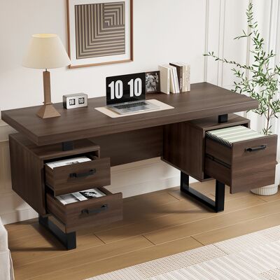 DEVOKO Bureau Simple 135 X 54 Cm En Mdf Et Acier, Tiroir Silencieux Et Plateau Pare-éclaboussures Pour Un Rangement Marron - Publicité DEVOKO Bureau Simple 135 X 54 Cm En Mdf Et Acier, Tiroir Silencieux Et Plateau Pare-éclaboussures Pour Un Rangement Marron - Publicité