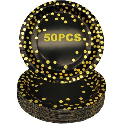 OEM 50 Assiettes En Carton, Noir Et Doré, 22,9 Cm, Qualité Alimentaire, Pour Fêtes Et Événements Festifs - Publicité OEM 50 Assiettes En Carton, Noir Et Doré, 22,9 Cm, Qualité Alimentaire, Pour Fêtes Et Événements Festifs - Publicité