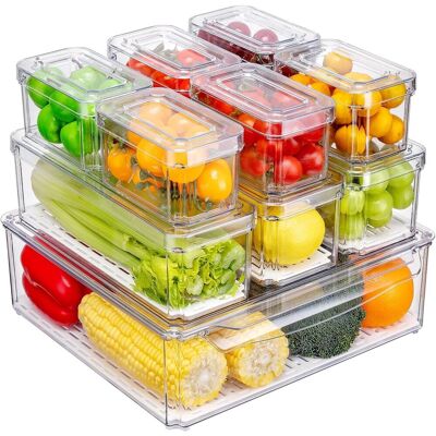 GRASSLIN Lot De 10 Boîte Rangement Frigo, Conteneur Empilable Transparent, Plateau Drainage, Organisateur Cuisine Légumes - Publicité GRASSLIN Lot De 10 Boîte Rangement Frigo, Conteneur Empilable Transparent, Plateau Drainage, Organisateur Cuisine Légumes - Publicité
