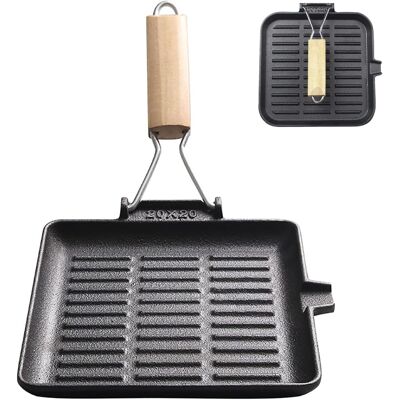 GRASSLIN 1 Poêle À Steak En Fonte, Poignée En Bois Pliable, 20x20 Cm, Pour Tous Feux Dont Induction - Publicité GRASSLIN 1 Poêle À Steak En Fonte, Poignée En Bois Pliable, 20x20 Cm, Pour Tous Feux Dont Induction - Publicité
