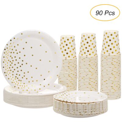 OEM Assiette Jetable Doré, 90 Pcs Kit Vaisselle Jetable, Gobelets Jetables, Grandes Assiettes Assiettes À Dessert Tasse De Papier, Pour Anniversaire Fête Party Mariages - Publicité OEM Assiette Jetable Doré, 90 Pcs Kit Vaisselle Jetable, Gobelets Jetables, Grandes Assiettes Assiettes À Dessert Tasse De Papier, Pour Anniversaire Fête Party Mariages - Publicité