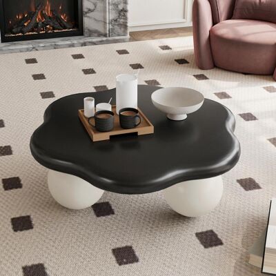 OEM 80cm Contrast Color Cloud Shaped Coffee Table, Petal-shaped Modern Minimalist Coffee Table With Spherical Legs, Kid & Pet Friendly Living Room Table For Small Apartment, Black Top White Legs - Publicité OEM 80cm Contrast Color Cloud Shaped Coffee Table, Petal-shaped Modern Minimalist Coffee Table With Spherical Legs, Kid & Pet Friendly Living Room Table For Small Apartment, Black Top White Legs - Publicité