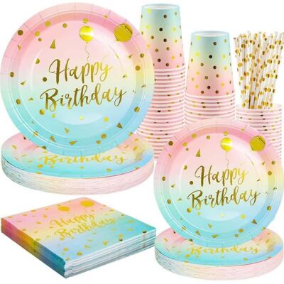 OEM 125 Pièces Vaisselle Jetable, Rose Or Design Arc-en-ciel, Kit Anniversaire Pour 25 Personnes - Publicité OEM 125 Pièces Vaisselle Jetable, Rose Or Design Arc-en-ciel, Kit Anniversaire Pour 25 Personnes - Publicité