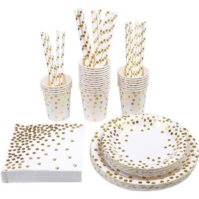 OEM 146 Pièces Vaisselle Jetable Anniversaire, Blanc Et Or, Service Festif Adulte Pour Événements - Publicité OEM 146 Pièces Vaisselle Jetable Anniversaire, Blanc Et Or, Service Festif Adulte Pour Événements - Publicité