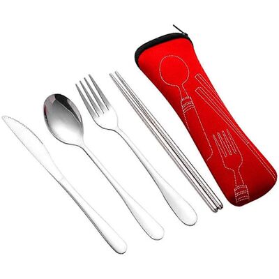 LUMIERE Ensemble De Couverts 4 Pièces En Acier Inoxydable Portable, Comprenant Une Cuillère, Une Fourchette Et Un Couteau À Steak, Avec Sac De Rangement Rouge. Publicité LUMIERE Ensemble De Couverts 4 Pièces En Acier Inoxydable Portable, Comprenant Une Cuillère, Une Fourchette Et Un Couteau À Steak, Avec Sac De Rangement Rouge. Publicité
