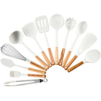 MCKENSA Ensemble De 12 Ustensiles De Cuisine En Silicone Avec Manche En Bois, Résistants À La Chaleur Et Support Inclus (blanc). Publicité MCKENSA Ensemble De 12 Ustensiles De Cuisine En Silicone Avec Manche En Bois, Résistants À La Chaleur Et Support Inclus (blanc). Publicité