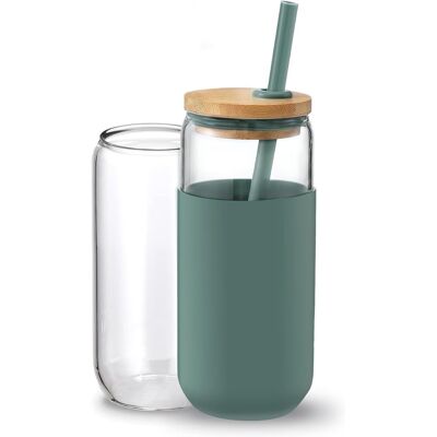 KAJFJAD Gobelet En Verre Avec Manchon En Silicone - Gobelet En Verre En Forme De Canette De Bière Avec Paille Et Couvercle En Bambou, Idéal Pour Le Café Glacé, Les Smoothies, Le Thé Boba, Ou Comme Idée Cadeau - Publicité KAJFJAD Gobelet En Verre Avec Manchon En Silicone - Gobelet En Verre En Forme De Canette De Bière Avec Paille Et Couvercle En Bambou, Idéal Pour Le Café Glacé, Les Smoothies, Le Thé Boba, Ou Comme Idée Cadeau - Publicité