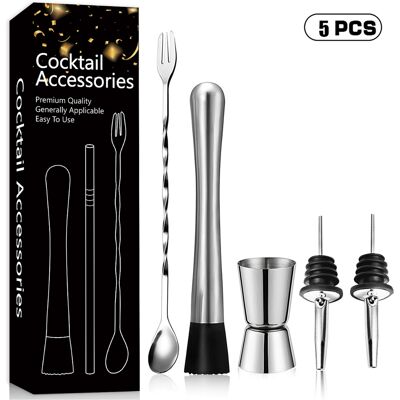 Ensemble De 5 Pièces Pour Cocktails : Pilon À Cocktail En Acier Inoxydable 304, Cuillère À Cocktail Multifonctionnelle Et Bec Verseur En 2 Parties.-aquaforge - Publicité Ensemble De 5 Pièces Pour Cocktails : Pilon À Cocktail En Acier Inoxydable 304, Cuillère À Cocktail Multifonctionnelle Et Bec Verseur En 2 Parties.-aquaforge - Publicité