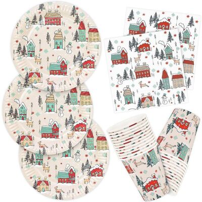 OEM 52 Pièces, Vaisselle Jetable Noël, Assiettes Dessert 18 Cm + Serviettes 33x33 Cm + Gobelets 255 Ml, Service Festif Thème Village De Noël - Publicité OEM 52 Pièces, Vaisselle Jetable Noël, Assiettes Dessert 18 Cm + Serviettes 33x33 Cm + Gobelets 255 Ml, Service Festif Thème Village De Noël - Publicité