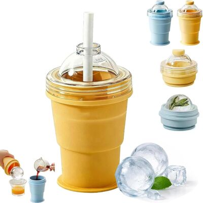NO BRAND Gobelet Pliant Jaune 2-en-1 En Silicone Pour Glaçons Sphériques Et Voyage - Tasse Étanche Avec Couvercle Et Paille, Idéale Pour Whisky, Café, Jus, Portable Pour Bureau, Fêtes Et Activités En Plein Air - Publicité NO BRAND Gobelet Pliant Jaune 2-en-1 En Silicone Pour Glaçons Sphériques Et Voyage - Tasse Étanche Avec Couvercle Et Paille, Idéale Pour Whisky, Café, Jus, Portable Pour Bureau, Fêtes Et Activités En Plein Air - Publicité