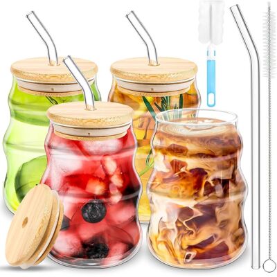 OEM Lot De 4 Tasses En Verre, 530ml, Design Ondulé, Avec Couvercle Et Paille, Pour Café, Thé, Jus, Maison Et Bar - Publicité OEM Lot De 4 Tasses En Verre, 530ml, Design Ondulé, Avec Couvercle Et Paille, Pour Café, Thé, Jus, Maison Et Bar - Publicité
