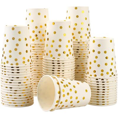 GRASSLIN Lot De 100 Gobelets, Papier, 250 Ml, Pois Dorés, Boissons Chaudes Froides, Fête - Publicité GRASSLIN Lot De 100 Gobelets, Papier, 250 Ml, Pois Dorés, Boissons Chaudes Froides, Fête - Publicité