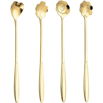 Roestvrij Stalen Lepelset - 4 Creatieve Lange Lepels Met Kersenbloesem- En Bloemenpatroon, Gouden Koffielepels - Publicité Roestvrij Stalen Lepelset - 4 Creatieve Lange Lepels Met Kersenbloesem- En Bloemenpatroon, Gouden Koffielepels - Publicité