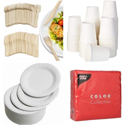 OEM 100 Fourchettes En Bois, 100 Couteaux, 100 Assiettes Carton Blanc Jetables + Gobelets 240 Ml + Serviettes Rouges 33x33 Cm Pour Pique-nique Et Événements Extérieurs - Publicité OEM 100 Fourchettes En Bois, 100 Couteaux, 100 Assiettes Carton Blanc Jetables + Gobelets 240 Ml + Serviettes Rouges 33x33 Cm Pour Pique-nique Et Événements Extérieurs - Publicité