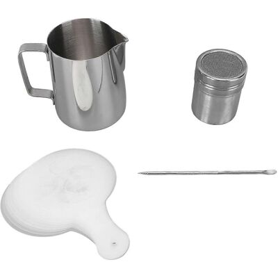 FLAMMKRAFT Ensemble Pour Latte Art Avec Aiguille En Acier Inoxydable, Tasse À Mousser Le Lait, Saupoudreuse À Poudre Et 16 Pochoirs De Décoration. Publicité FLAMMKRAFT Ensemble Pour Latte Art Avec Aiguille En Acier Inoxydable, Tasse À Mousser Le Lait, Saupoudreuse À Poudre Et 16 Pochoirs De Décoration. Publicité