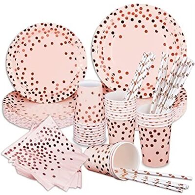 OEM 24 Pièces Vaisselle Jetable Anniversaire, Or Rose, Assiettes Tasses Serviettes Pailles, Fête Enfants Mariage Baby Shower - Publicité OEM 24 Pièces Vaisselle Jetable Anniversaire, Or Rose, Assiettes Tasses Serviettes Pailles, Fête Enfants Mariage Baby Shower - Publicité